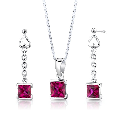 Sterling Silver Princess Cut Ruby Pendant Earrings Set   Regular Price $170.00