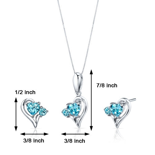 2.25 carats Heart Shape Sterling Silver Swiss Blue Topaz Pendant Earrings Set  Regular Price $190.00